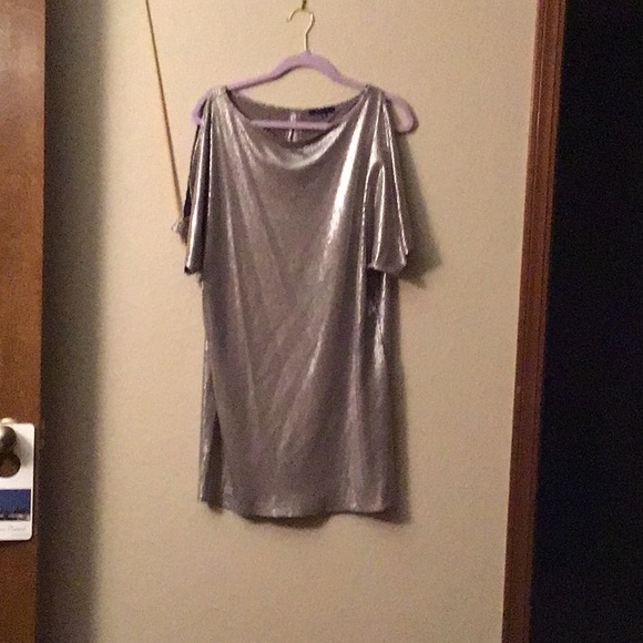 Metallic silver midi/mini sheath dress with open short sleeves, M - Picture 2 of 7